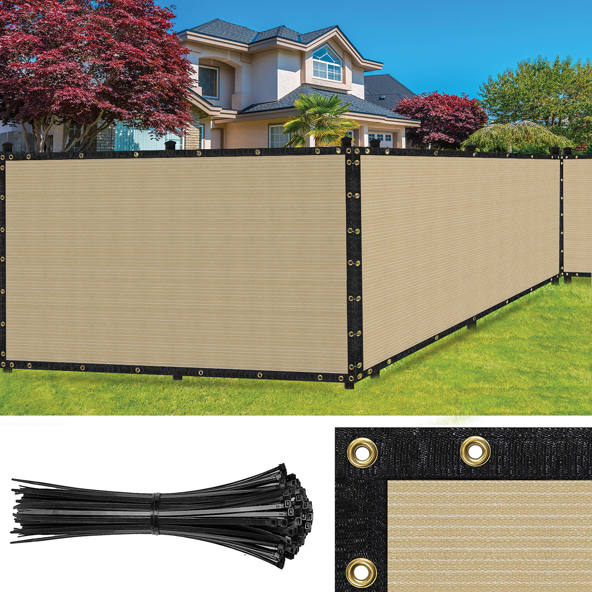 SEALTECH Ultra Heavy Duty 200 GSM Privacy Fence Screen – Non-Recycled Polyethylene Mesh Shade Net with Bindings & Rustproof Grommets - 90% + Blockage Includes Cable Zip Ties. (Beige 8'X30')